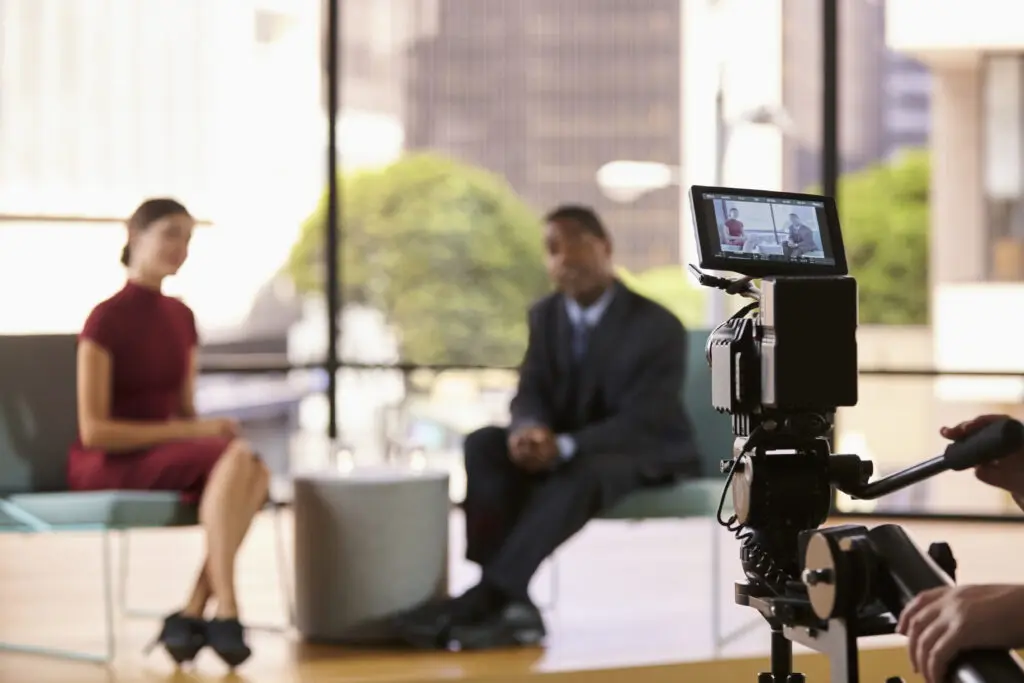 Behind-the-scenes still of a business interview being filmed in a modern office