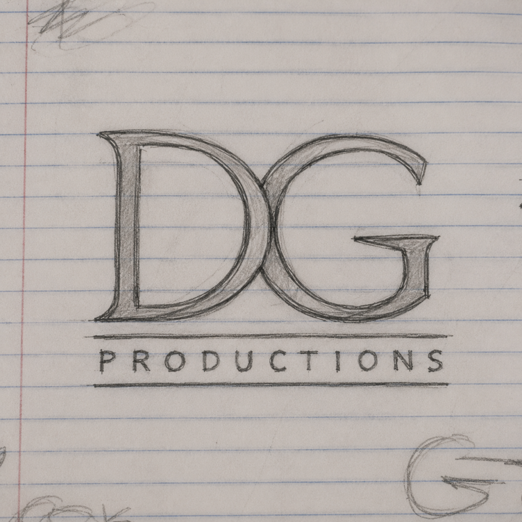 Hand-drawn pencil sketch of the DG Productions logo in a lined notebook