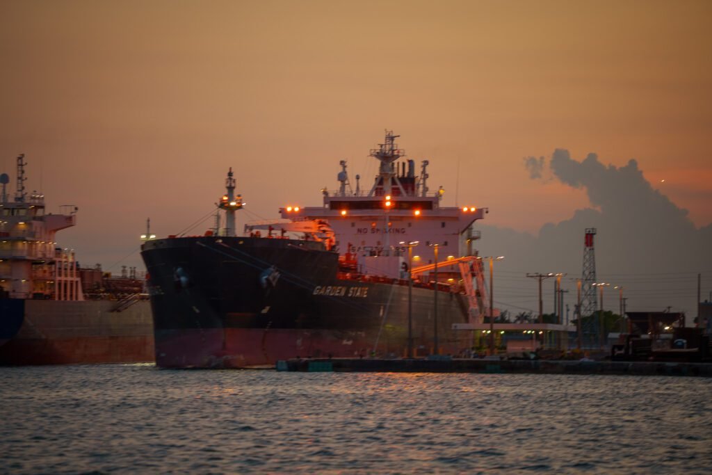 Tanker berthed at Port Everglades at dusk seen from the water during the Sea Rocket sunset cruise