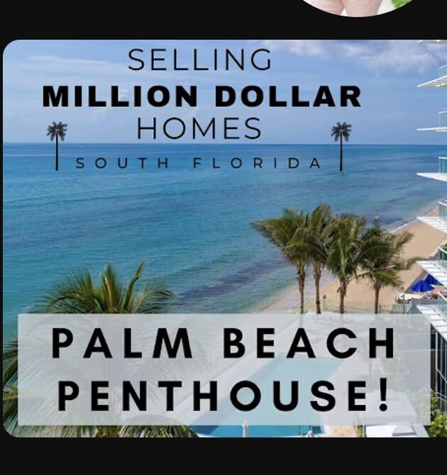 Video thumbnail graphic with bold real estate title text over an aerial beach and palm trees