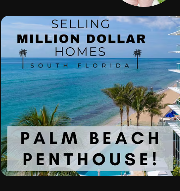 Video thumbnail graphic with bold real estate title text over an aerial beach and palm trees