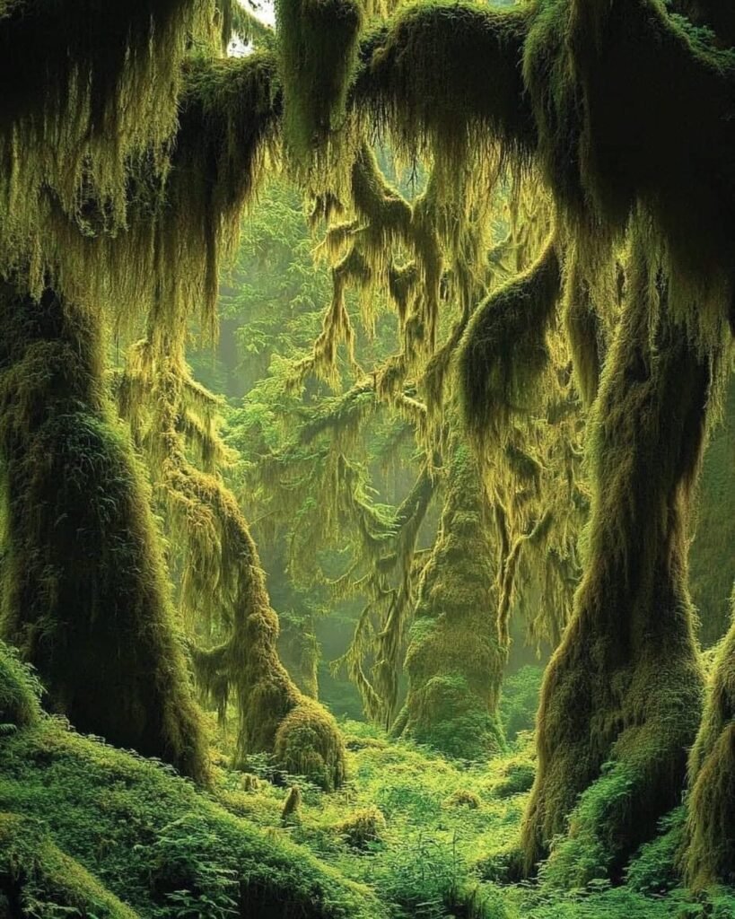 Rainforest of moss-draped trees hung with lichen above a green mossy floor