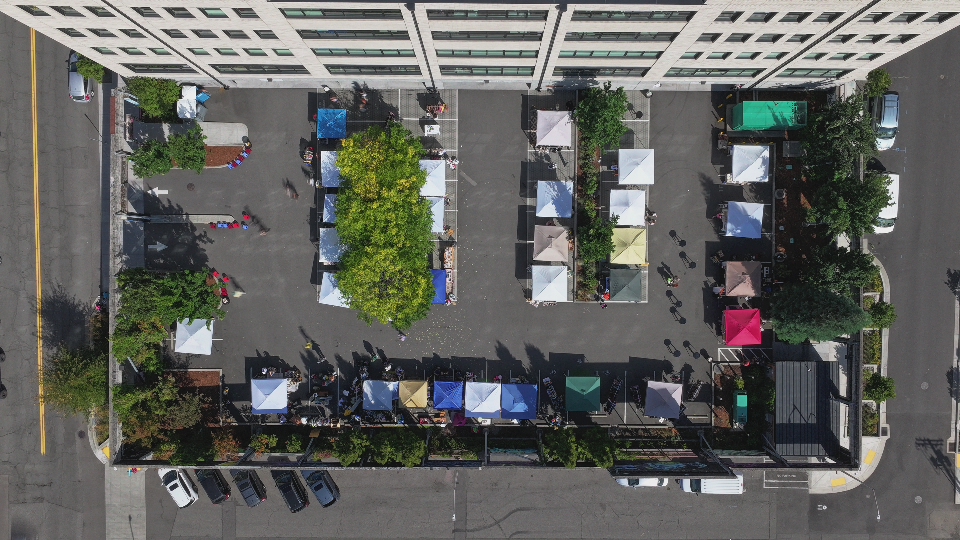 drone shot of portland marketplace popup