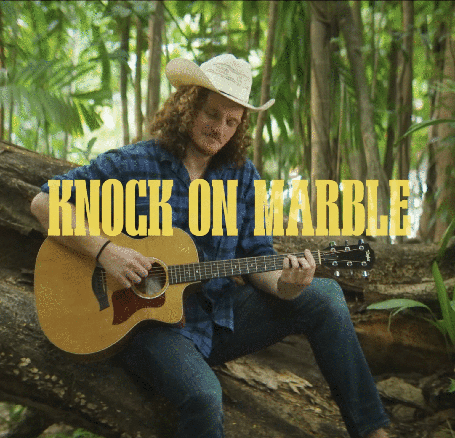 Man in a straw cowboy hat playing acoustic guitar on a fallen log, text reading Knock On Marble