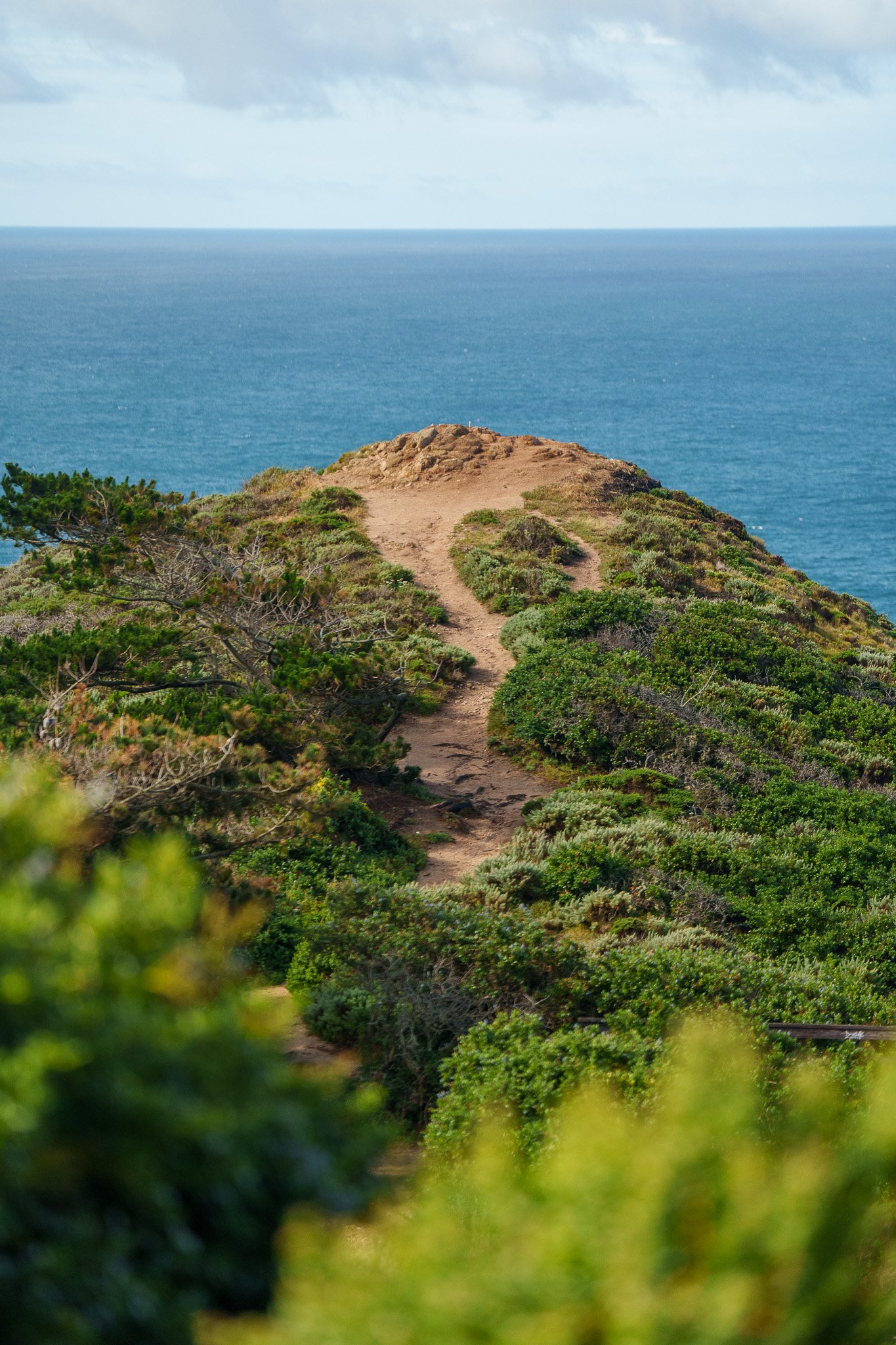 Dirt footpath winding over a scrub-covered bluff toward a flat blue horizon