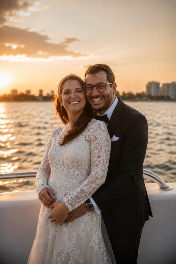 Bride in a lace gown and groom in a tuxedo embracing on a boat at sunset