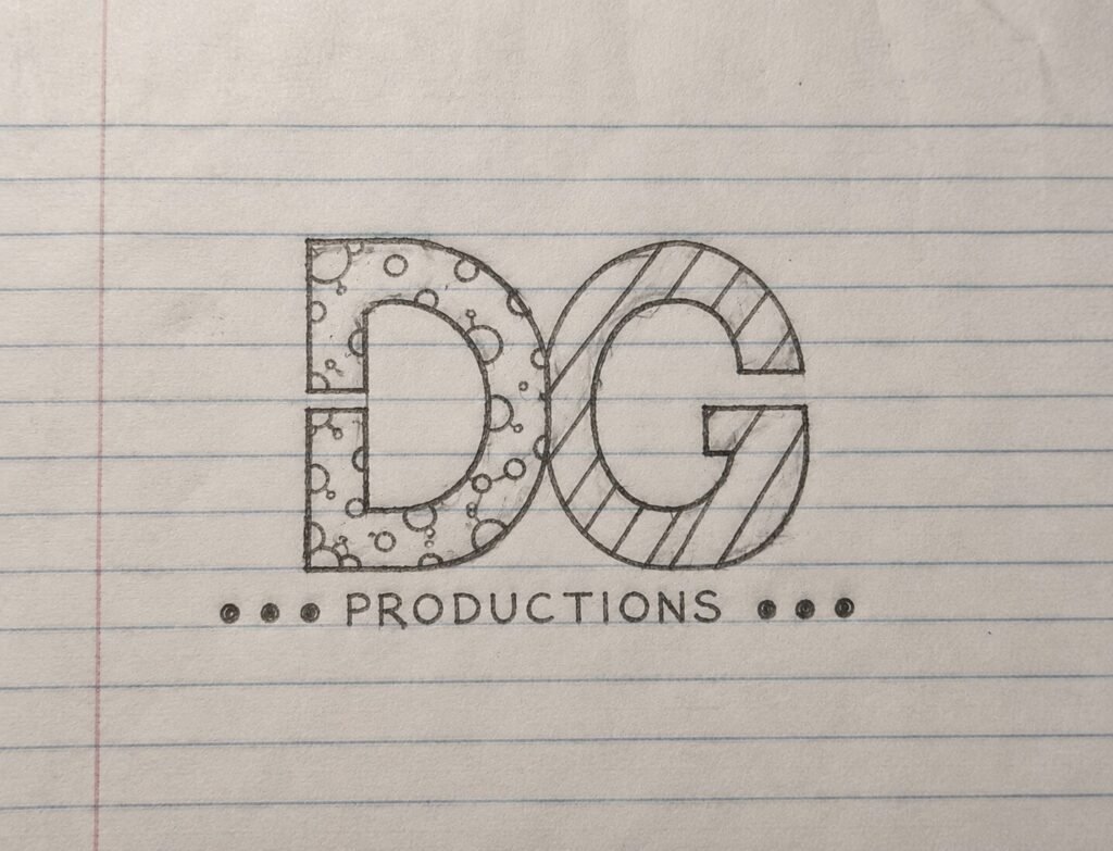 Hand-drawn pencil sketch of the DG Productions logo in a lined notebook