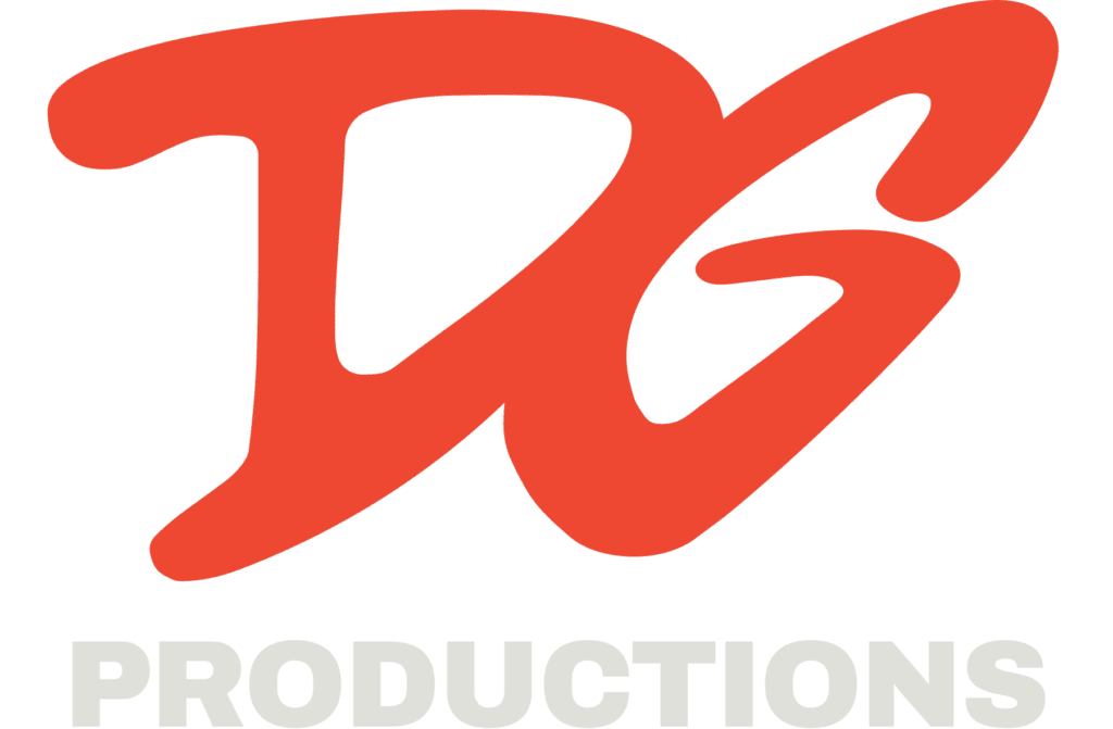 Logo graphic with red brush-script letters D and G above grey block lettering