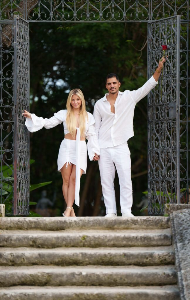 Bex and Dor together in the gardens at Vizcaya during their proposal session
