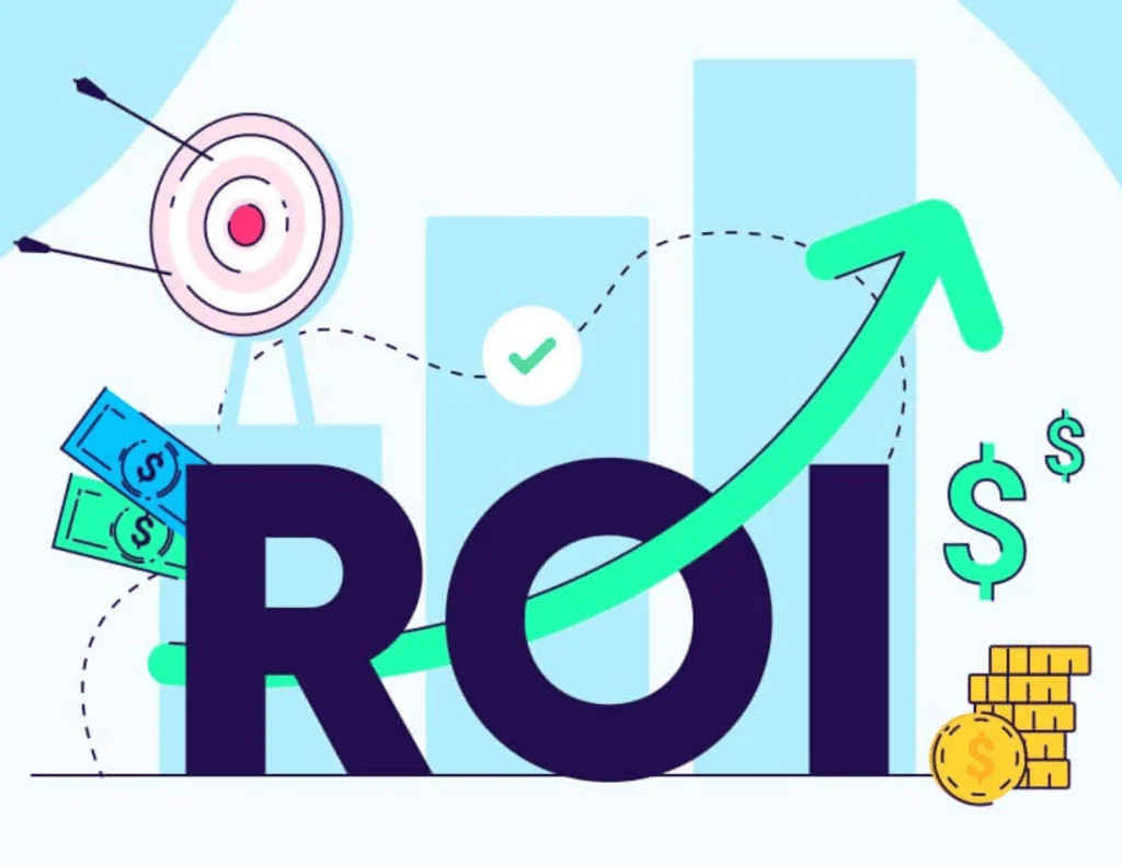 Illustration of ROI growth with a bar chart, target, and rising arrow