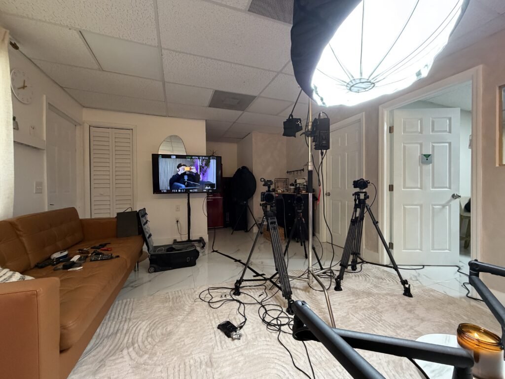 Room with cameras and television setup