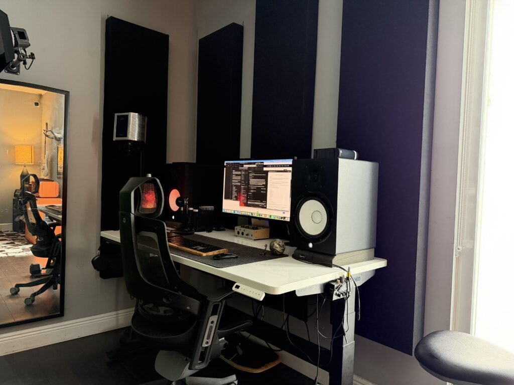 Podcast and editing workstation with dual monitors and studio monitors, Dov Gurewicz Productions