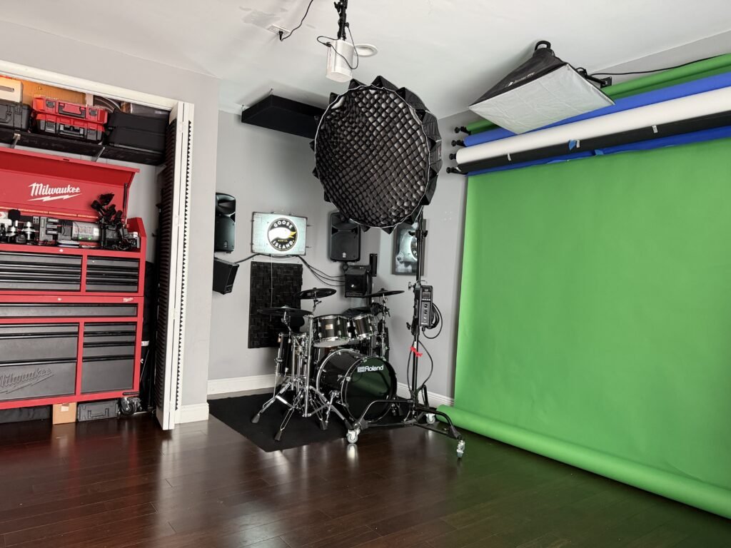 Milwaukee gear cart with cinema camera lenses and DJI Ronin rig, studio equipment, drums