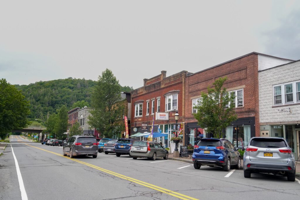 Brick storefronts along the main street in Montour Falls, New York, with a wooded hillside behind the town