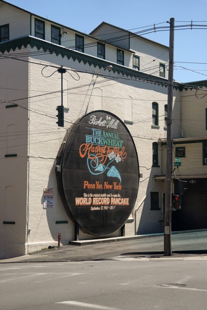 The Birkett Mills buckwheat mural in Penn Yan marking the world record pancake of 1987