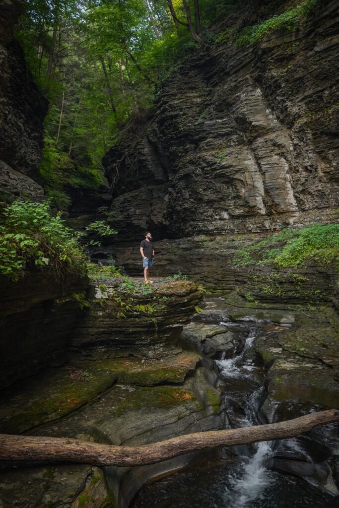Dov Gurewicz standing on a rock ledge deep in the gorge at Watkins Glen looking up at the walls