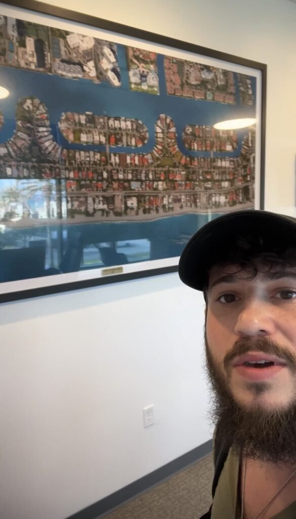 Bearded man in a black cap talking to camera beside a large framed aerial mosaic