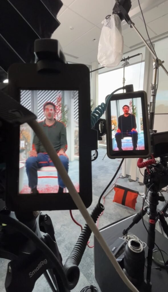 Camera monitor framing an interview on the Boston shoot, directed for Short Form Media with a locally hired videographer