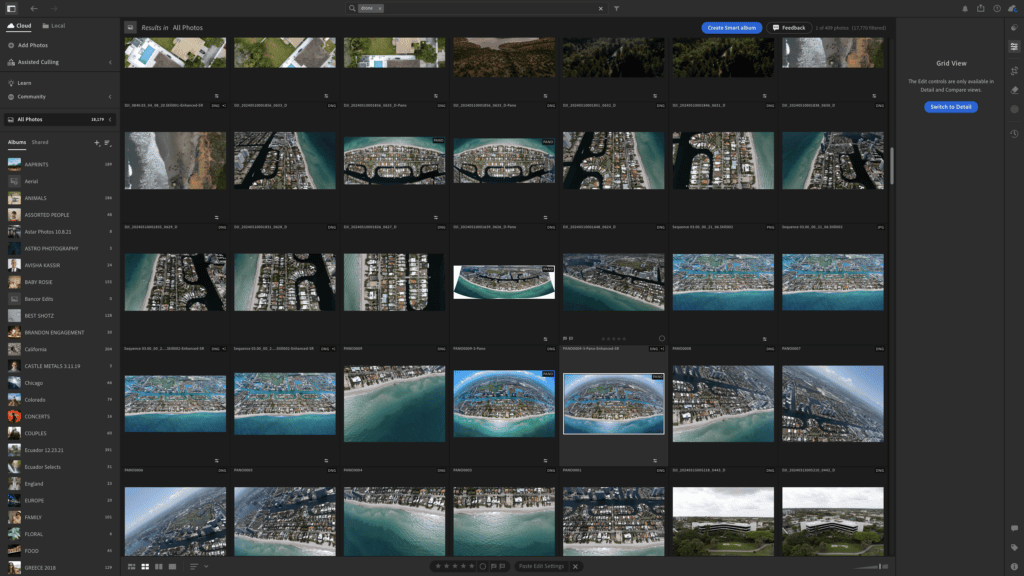 Software screenshot: photo library grid filled with aerial shots of a beachfront island and panorama files