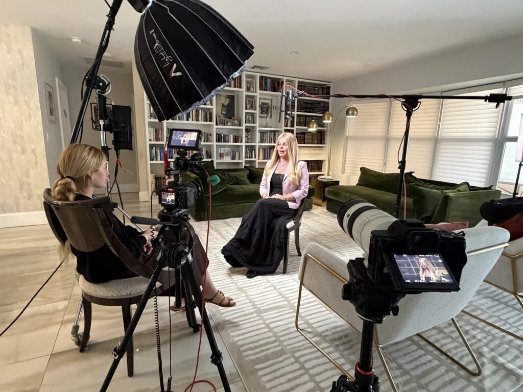 Wide view of a legacy film interview set up in a home library