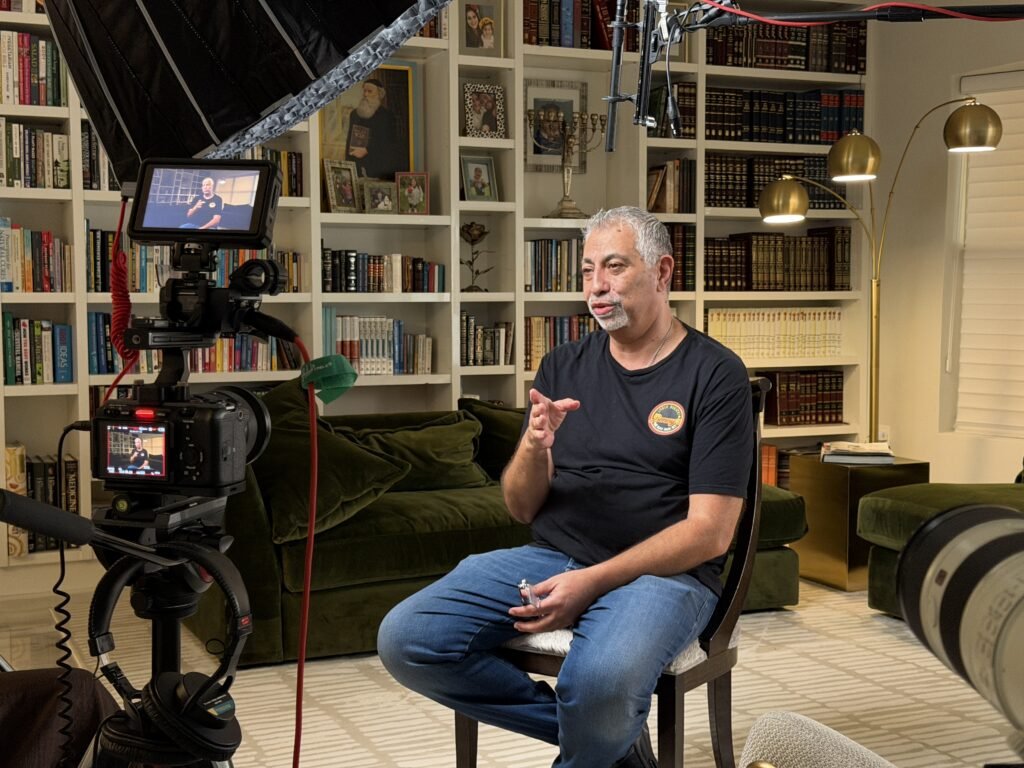 Legacy film interview recorded in a home library
